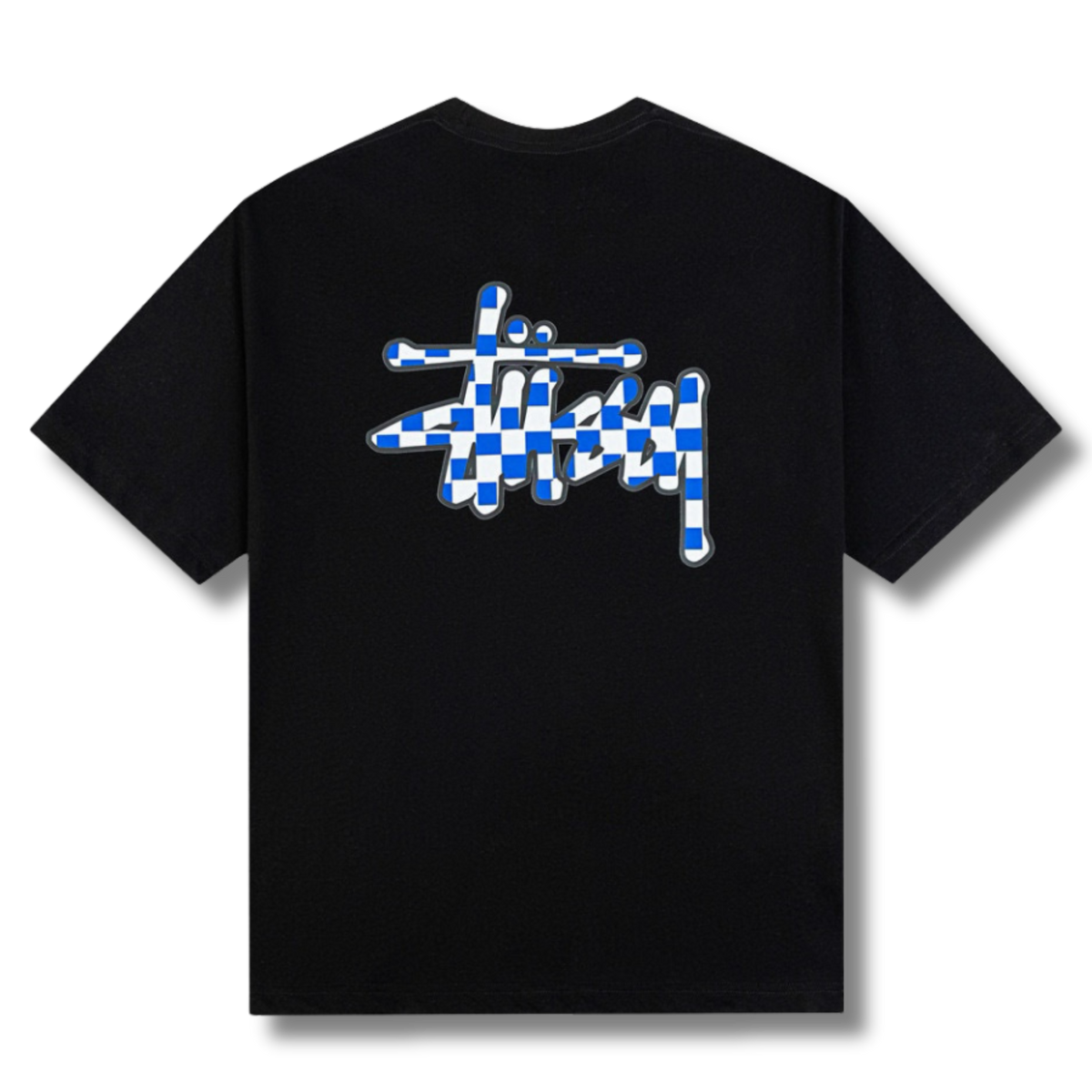 Stu T-shirt Black w Checkered white/blue